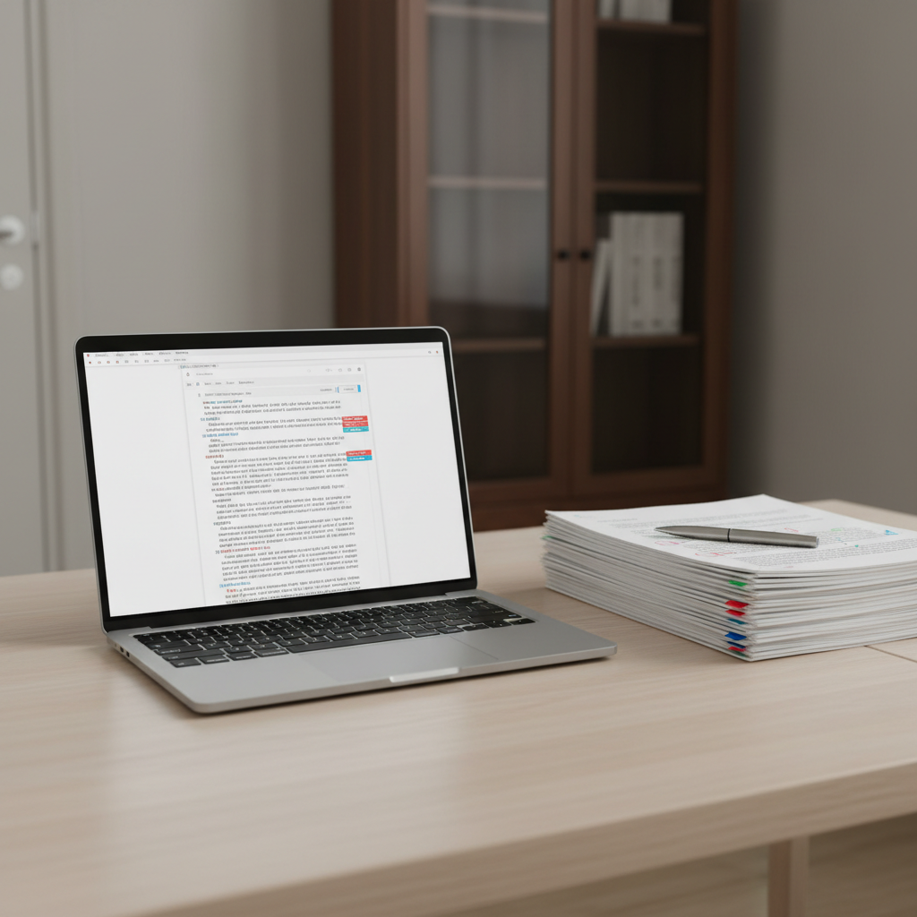 A meticulously arranged editing workspace featuring an open laptop displaying a clean document with tracked changes and precise margin comments in red and blue. The laptop rests on a pale oak desk with a matte finish, beside a neatly stacked set of printed manuscript pages with crisp black text and colored proofreading marks. A slim, stainless-steel pen lies diagonally across the top page. Soft daylight from an unseen window washes in from the left, creating gentle highlights on the laptop keys and faint shadows along the paper edges. Photographic realism, shot at eye level with a slight angle, shallow depth of field subtly blurring a minimalist background of neutral walls and a single closed bookshelf, conveying a calm, highly professional, and organized atmosphere ideal for premium editing services.