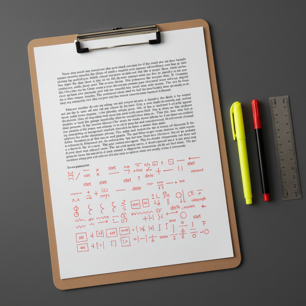 A close-up, photographic realism image of a pristine white page on a clipboard, half filled with perfectly aligned black text and half covered in precise proofreading symbols in red ink. The page rests on a smooth charcoal-gray desk surface, with a highlighter, fine-tip red pen, and metal ruler arranged with deliberate symmetry nearby. Overhead, cool, diffused studio lighting reveals the subtle tooth of the paper and the sheen of the ink, casting very soft, controlled shadows. Captured from a slightly elevated angle with sharp focus across the entire frame, the composition feels analytical, methodical, and exacting, symbolizing line-by-line editorial attention and meticulous quality control for professional editing and proofreading.