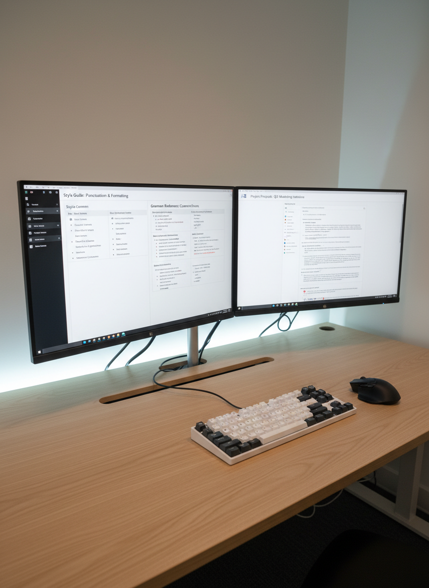 A dual-monitor desktop setup in photographic realism, each screen displaying different aspects of the editing process: the left monitor shows a detailed style guide and grammar reference, while the right displays a long-form document with headings, subheadings, and clearly formatted paragraphs. The monitors sit on a light maple desk with integrated cable management, flanked by a compact mechanical keyboard and a matte-black ergonomic mouse. Subtle LED backlighting in a cool white tone glows behind the screens, while overhead diffused office lighting keeps the scene evenly lit, with minimal shadows. Shot from a slightly elevated, three-quarter angle with crisp focus throughout, the composition emphasizes efficiency, structure, and modern professionalism, perfectly suited to convey systematic, process-driven editing services for business and academic clients.