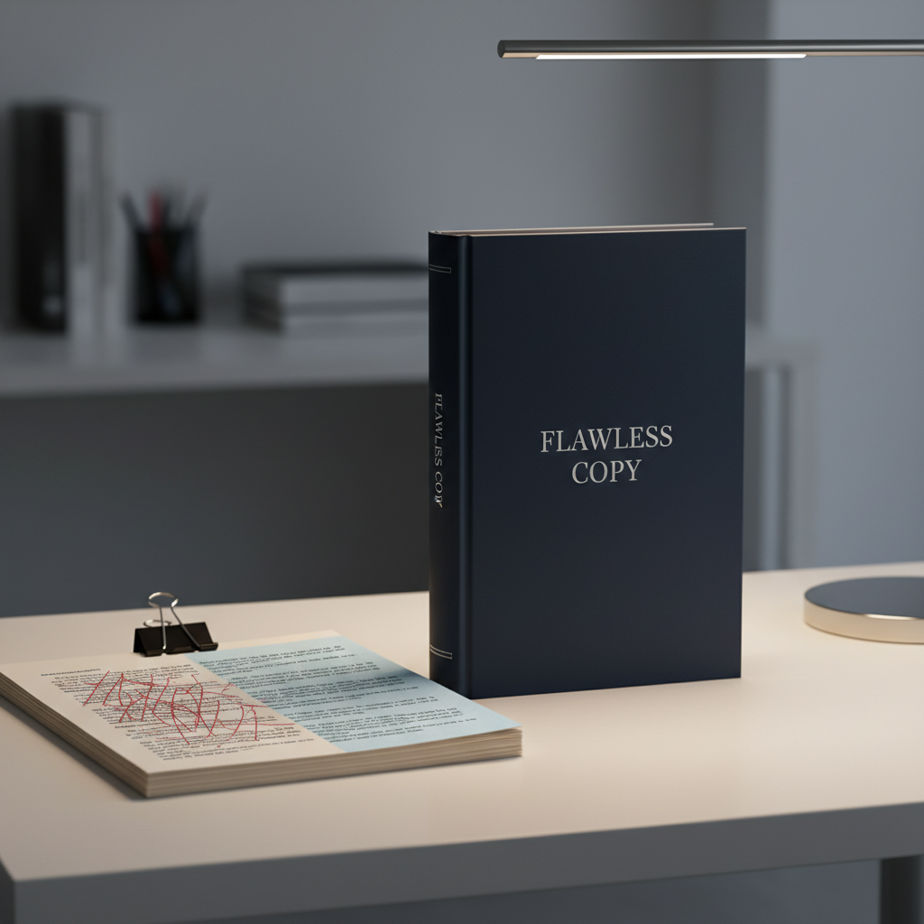 An elegant, photographic realism scene of a dark navy hardcover book mockup standing upright on a clean white desk, its dust jacket reading “Flawless Copy” in understated silver lettering. Beside it, a neat stack of manuscript pages is held by a minimalist black binder clip, the top page showing before-and-after paragraphs, one cluttered and one polished, with the improved version highlighted by a subtle pale blue overlay. A slim, brushed-metal desk lamp outside the frame casts warm, directional light from the right, creating a refined contrast between illuminated text and softly shadowed background. Shot at eye level with rule-of-thirds composition and moderate depth of field, the mood is confident, polished, and authoritative, ideal for representing premium copyediting outcomes.